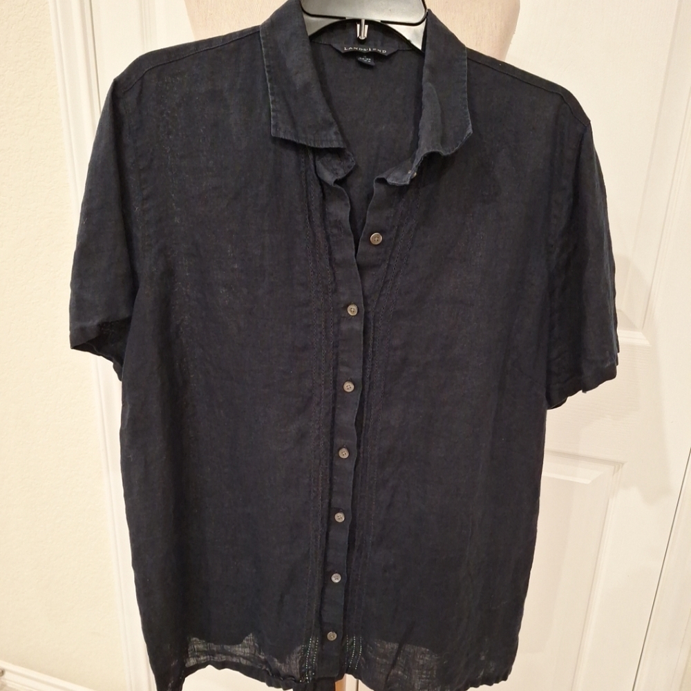 Lands End Womans Plus Size Blue Linen Short Sleeve Shirt